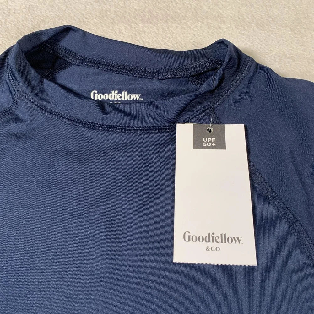 Goodfellow Shirt Mens Small Navy‎ Blue UPF 50+ Quick Dry Swim Tee Rash Guard NEW